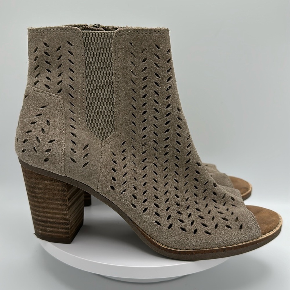 TOM’S “Majorca” Suede Perforated Open Toe Booties, Size 7.5
